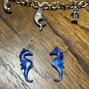 Costume Jewelry Lot of 3 Seahorse Earrings, Turtle Pin, Charm Bracelet W/Fish